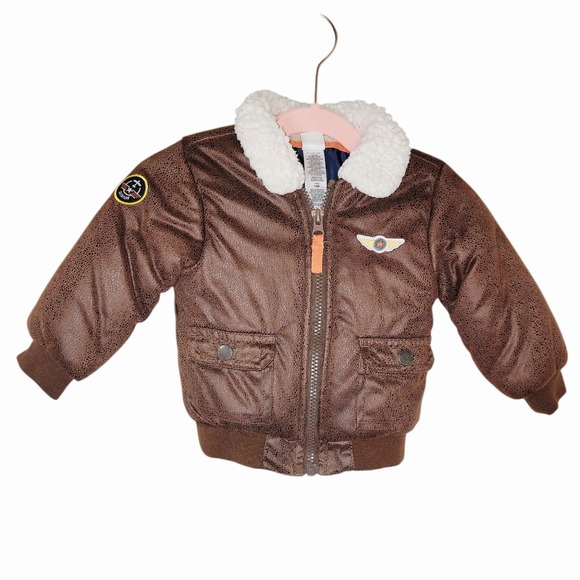 Little Me Baby Boys 12M Brown Faux Leather Aviator Bomber Jacket Sherpa Collar - Picture 1 of 7